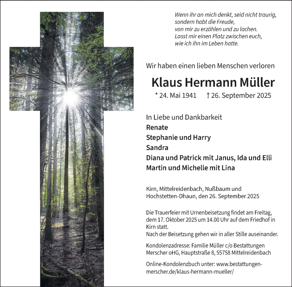  Traueranzeige für Klaus Hermann Müller vom 11.10.2025 aus WochenSpiegel