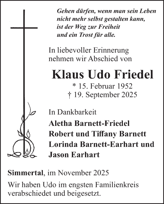 Traueranzeige von Klaus Udo Friedel von WochenSpiegel