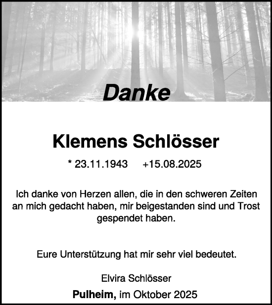 Traueranzeige von Klemens Schlösser von WochenSpiegel