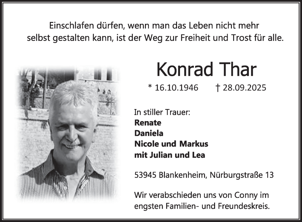  Traueranzeige für Konrad Thar vom 08.10.2025 aus WochenSpiegel