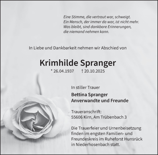 Traueranzeige von Krimhilde Spranger von WochenSpiegel