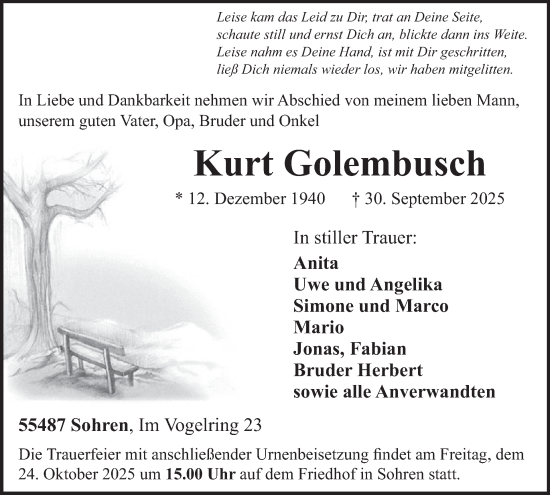 Traueranzeige von Kurt Golembusch von WochenSpiegel