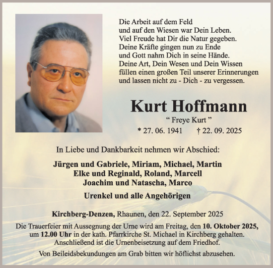 Traueranzeige von Kurt Hoffmann von WochenSpiegel