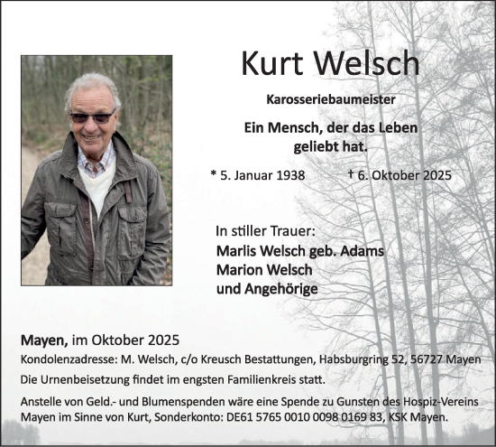 Traueranzeige von Kurt Welsch von WochenSpiegel