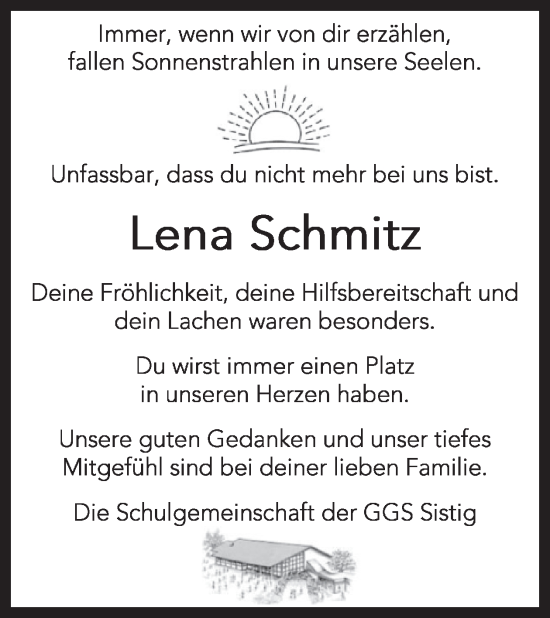 Traueranzeige von Lena Schmitz von WochenSpiegel