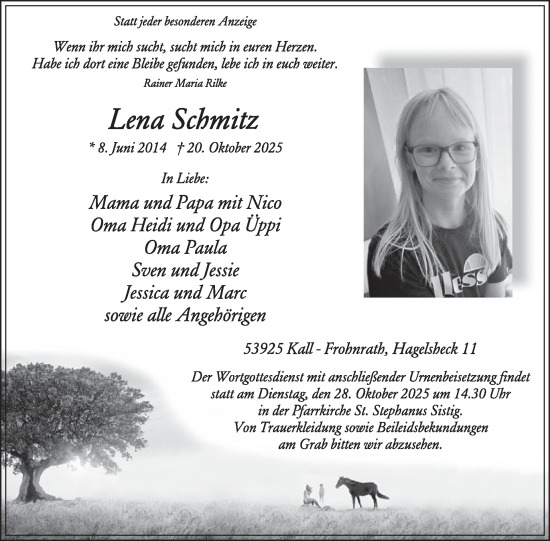 Traueranzeige von Lena Schmitz von WochenSpiegel
