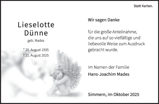 Traueranzeige von Lieselotte Dünne von WochenSpiegel
