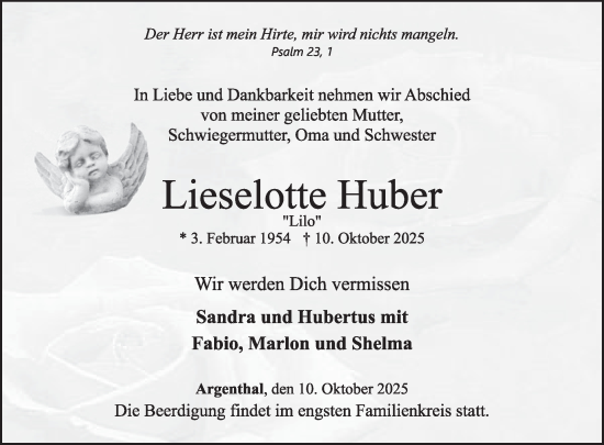 Traueranzeige von Lieselotte Huber von WochenSpiegel