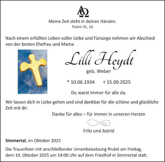 Traueranzeige von Lilli Heydt von WochenSpiegel
