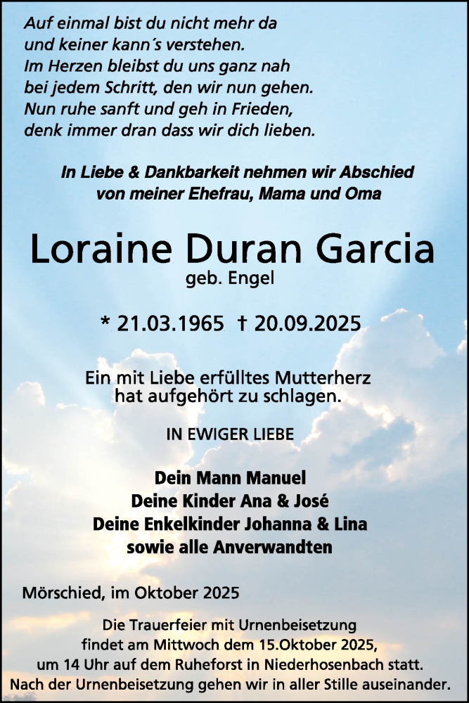  Traueranzeige für Loraine Duran Garcia vom 11.10.2025 aus WochenSpiegel