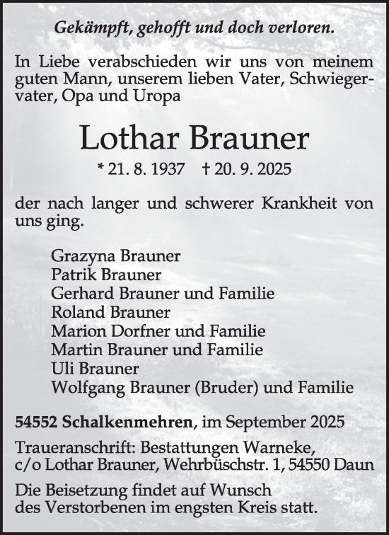 Traueranzeige von Lothar Brauner von WochenSpiegel