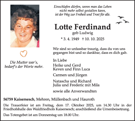 Traueranzeige von Lotte Ferdinand von WochenSpiegel