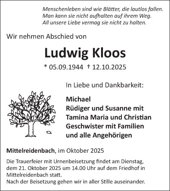 Traueranzeige von Ludwig Kloos von WochenSpiegel