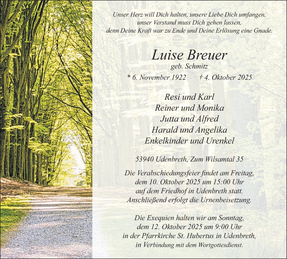  Traueranzeige für Luise Breuer vom 08.10.2025 aus WochenSpiegel