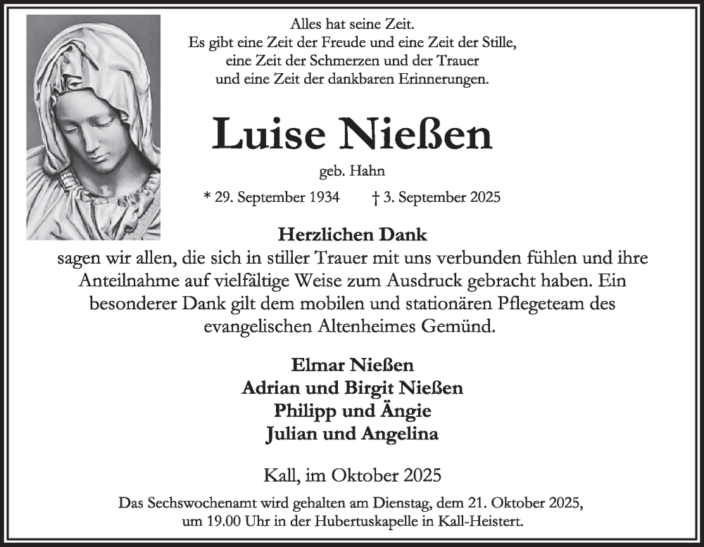  Traueranzeige für Luise Niessen vom 15.10.2025 aus WochenSpiegel