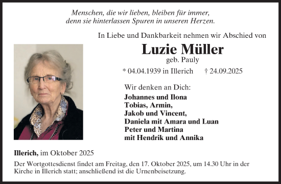 Traueranzeige von Luzie Müller von WochenSpiegel