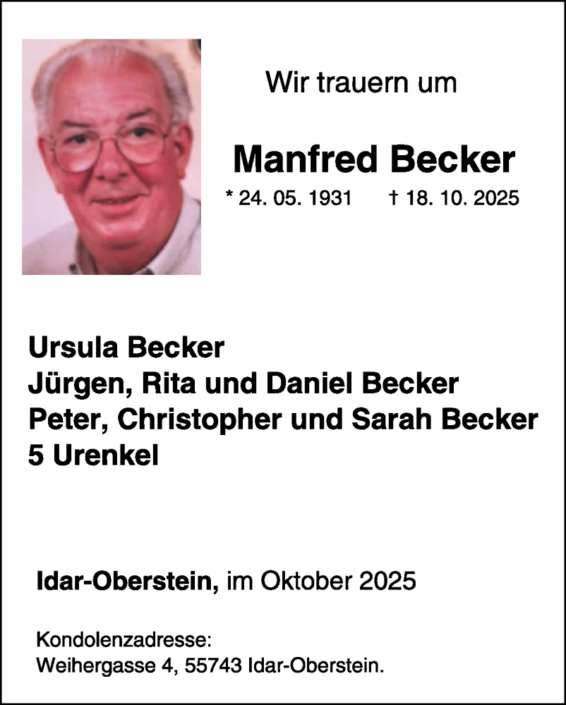  Traueranzeige für Manfred Becker vom 31.10.2025 aus WochenSpiegel