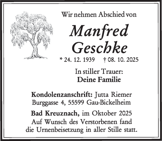 Traueranzeige von Manfred Geschke von WochenSpiegel