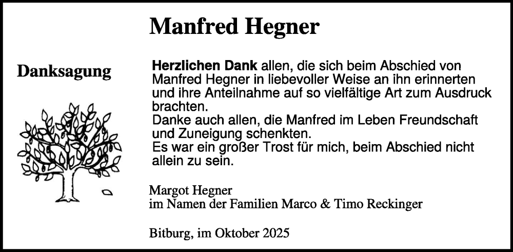  Traueranzeige für Manfred Hegner vom 17.10.2025 aus WochenSpiegel