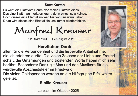 Traueranzeige von Manfred Kreuser von WochenSpiegel