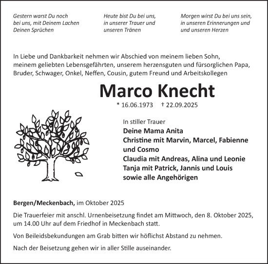 Traueranzeige von Marco Knecht von WochenSpiegel