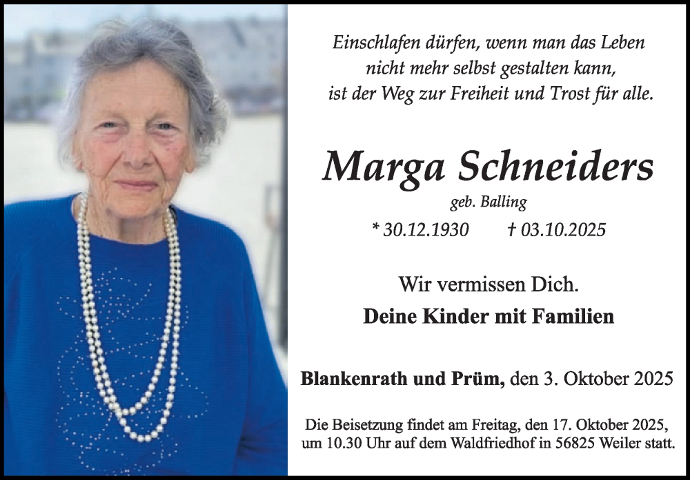  Traueranzeige für Marga Schneiders vom 15.10.2025 aus WochenSpiegel