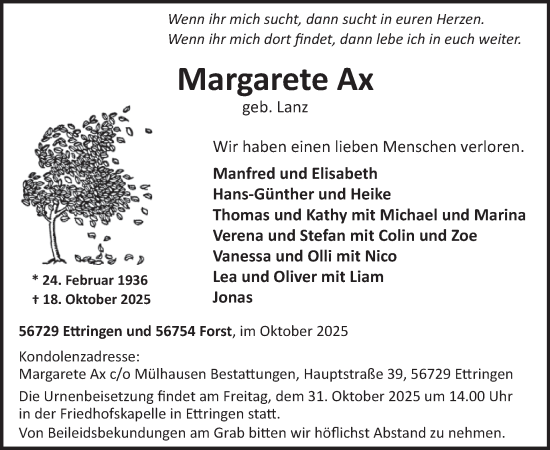 Traueranzeige von Margarete Ax von WochenSpiegel
