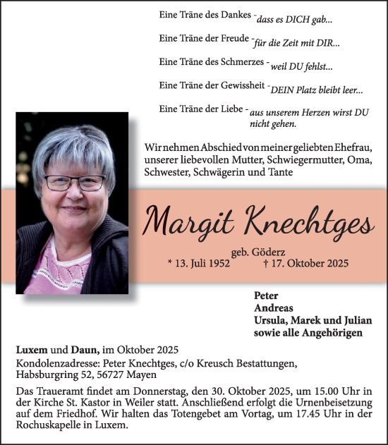 Traueranzeige von Margit Knechtges von WochenSpiegel