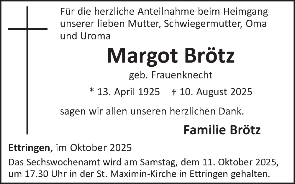  Traueranzeige für Margot Brötz vom 08.10.2025 aus WochenSpiegel