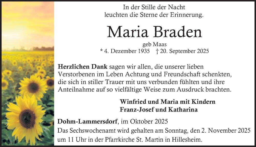  Traueranzeige für Maria Braden vom 01.11.2025 aus WochenSpiegel