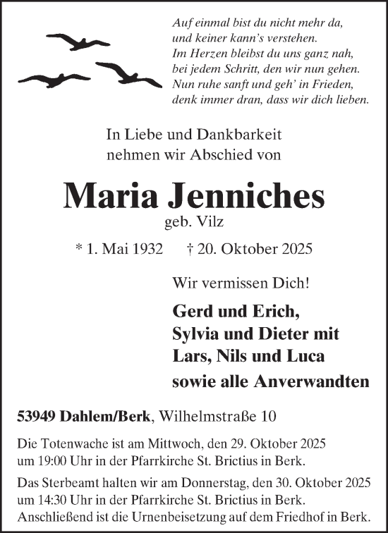 Traueranzeige von Maria Jenniches von WochenSpiegel