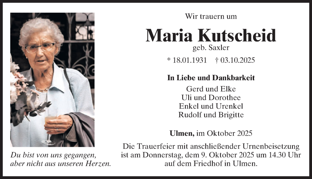  Traueranzeige für Maria Kutscheid vom 08.10.2025 aus WochenSpiegel