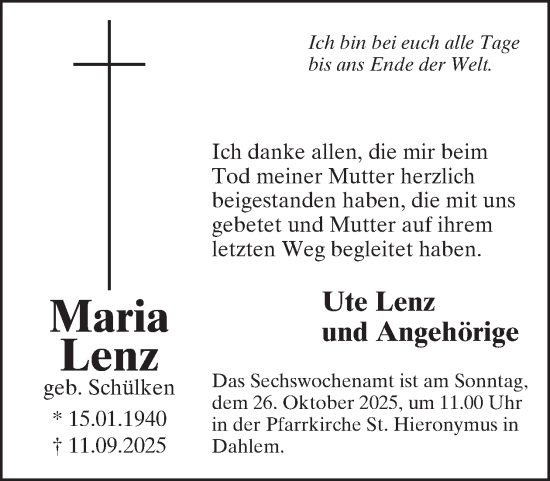 Traueranzeige von Maria Lenz von WochenSpiegel