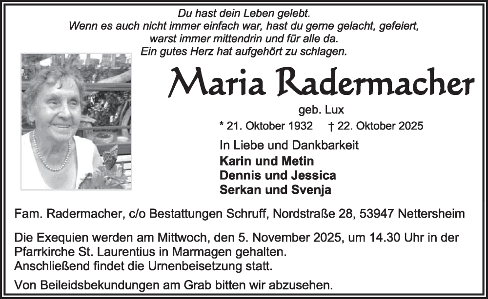  Traueranzeige für Maria Radermacher vom 29.10.2025 aus WochenSpiegel