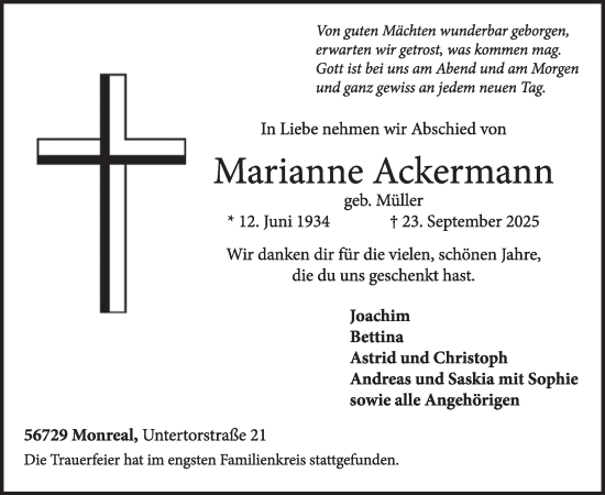 Traueranzeige von Marianne Ackermann von WochenSpiegel