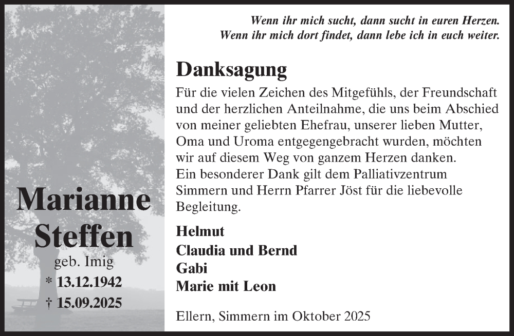  Traueranzeige für Marianne Steffen vom 25.10.2025 aus WochenSpiegel