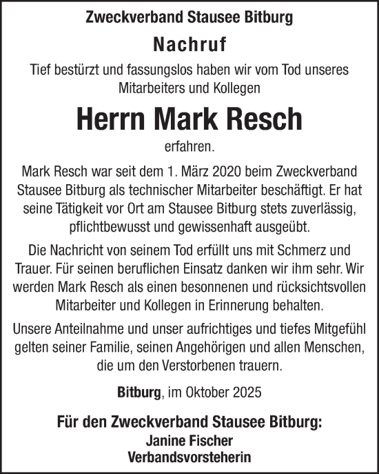 Traueranzeige von Mark Resch von WochenSpiegel