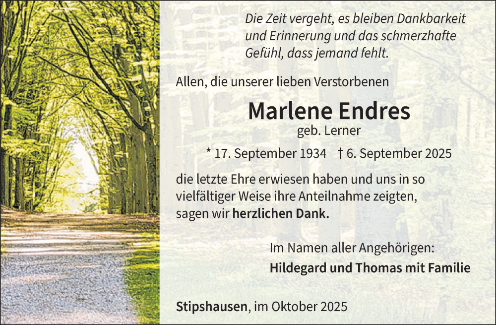  Traueranzeige für Marlene Endres vom 18.10.2025 aus WochenSpiegel