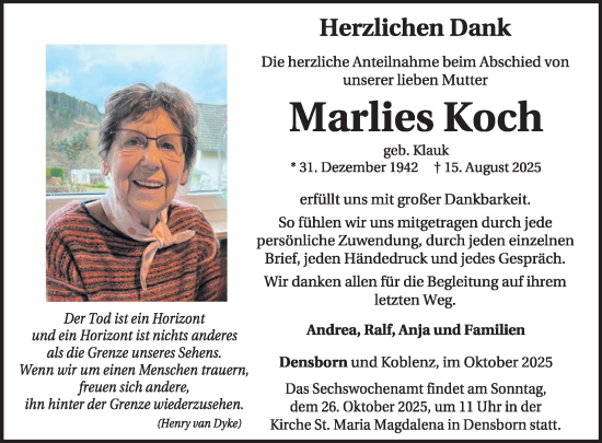 Traueranzeige von Marlies Koch von WochenSpiegel