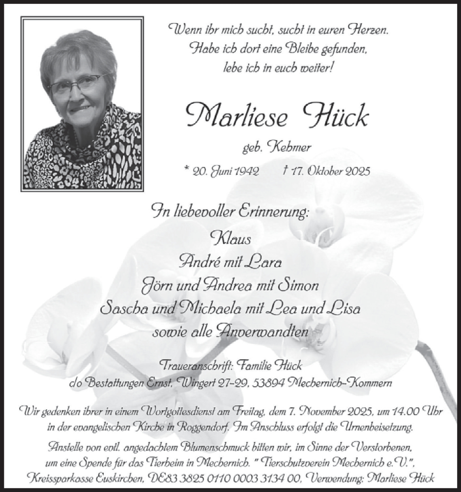  Traueranzeige für Marliese Hück vom 29.10.2025 aus WochenSpiegel