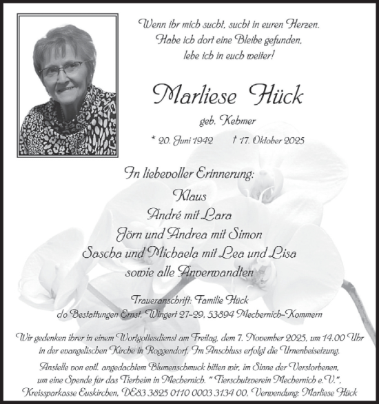 Traueranzeige von Marliese Hück von WochenSpiegel