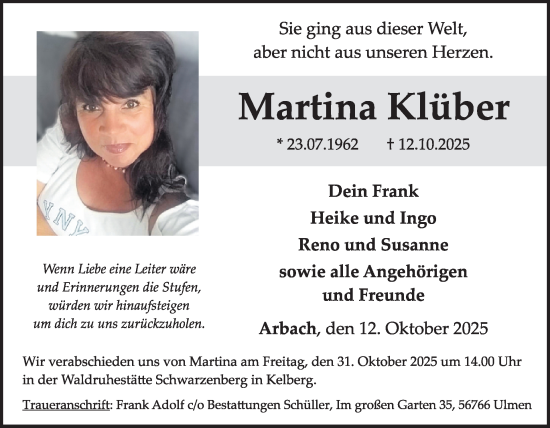 Traueranzeige von Martina Klüber von WochenSpiegel