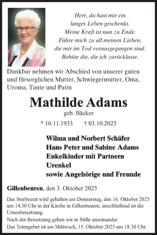 Traueranzeige von Mathilde Adams von WochenSpiegel