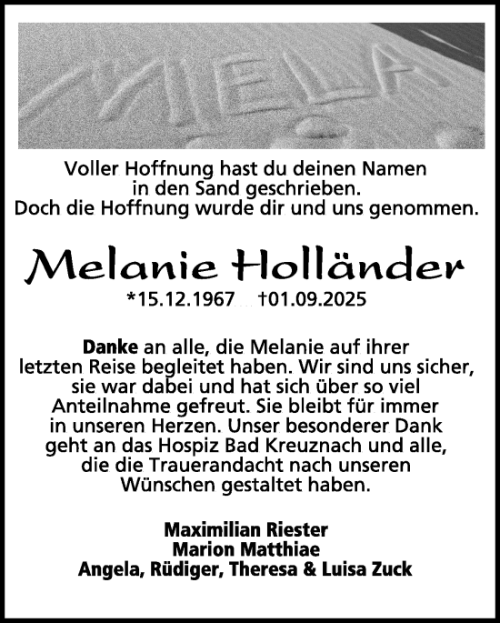 Traueranzeige von Melanie Holländer von WochenSpiegel