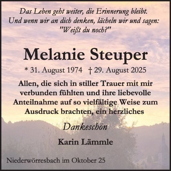 Traueranzeige von Melanie Steuper von WochenSpiegel