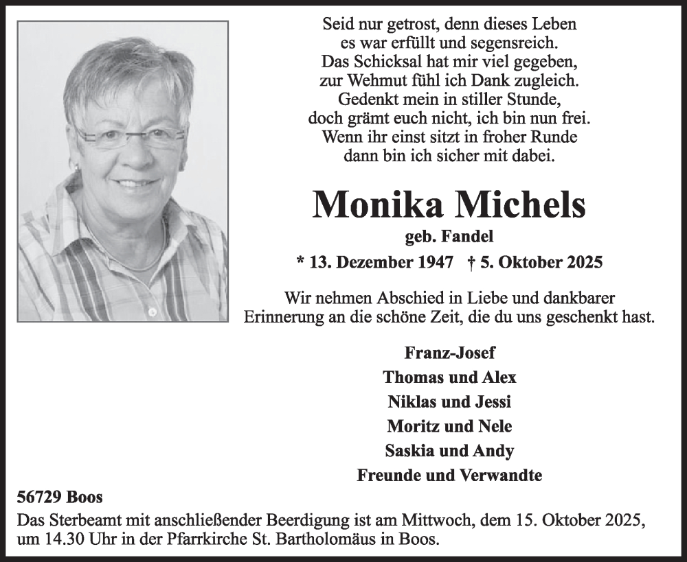 Traueranzeige für Monika Michels vom 11.10.2025 aus WochenSpiegel