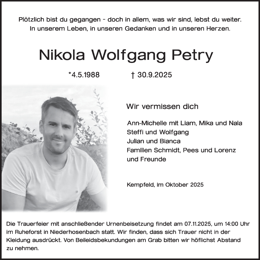  Traueranzeige für Nikola Wolfgang Petry vom 25.10.2025 aus WochenSpiegel