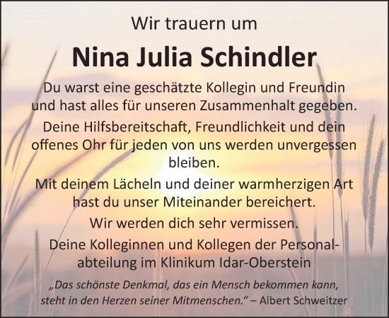 Traueranzeige von Nina Julia Schindler von WochenSpiegel