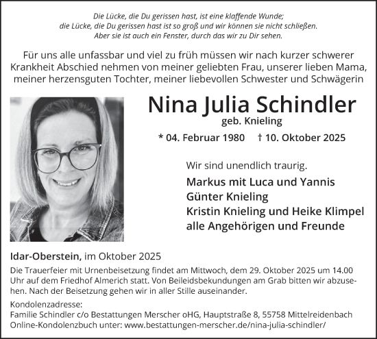 Traueranzeige von Nina Julia Schindler von WochenSpiegel