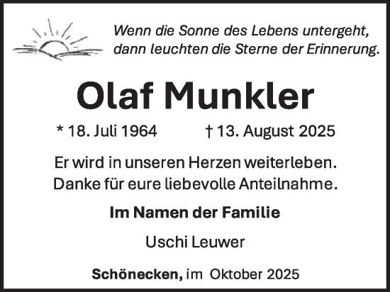 Traueranzeige von Olaf Munkler von WochenSpiegel